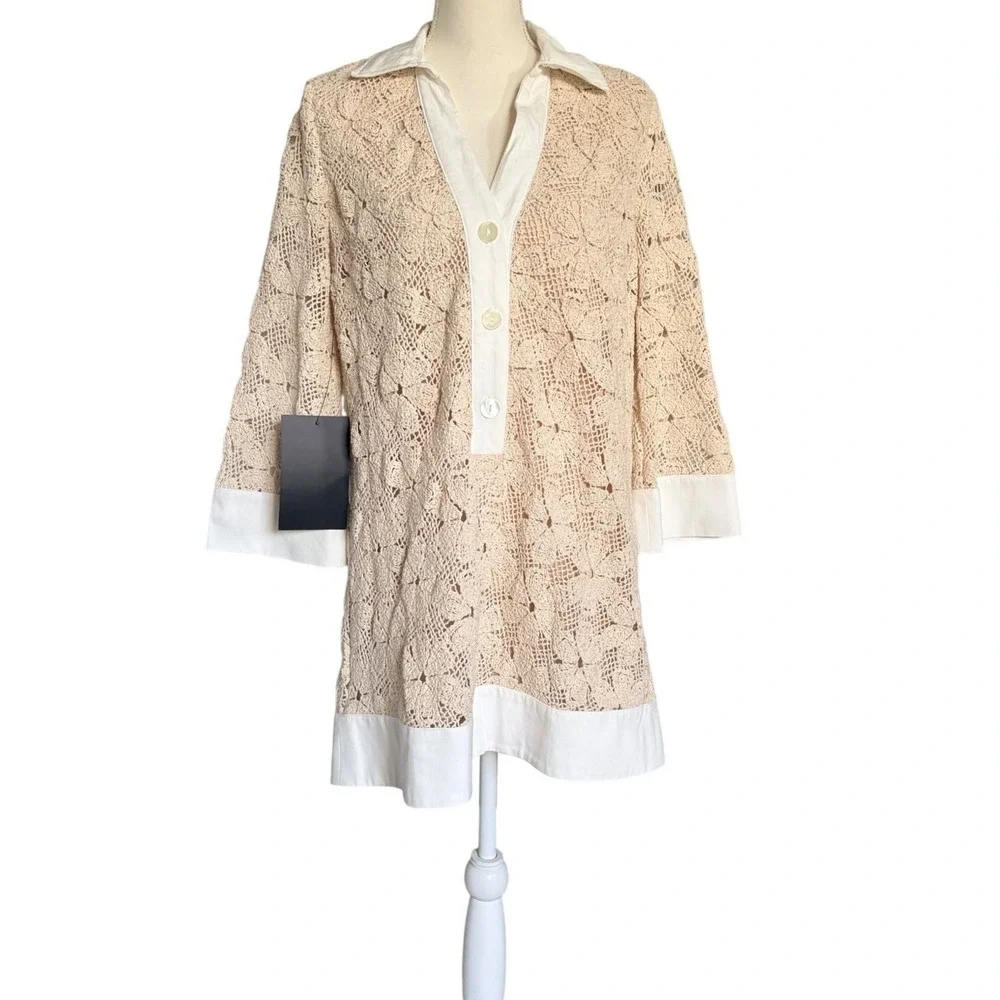Tuckernuck Crochet Tunic Dress Cotton Floral Lace Contrast Trim Beige Small NWT - Picture 2 of 7